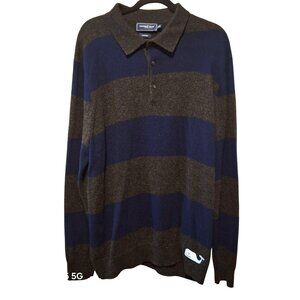Vineyard Vines Mens XL Navy & Brown Striped 100% Cashmere Long Sleeve Polo Sweat